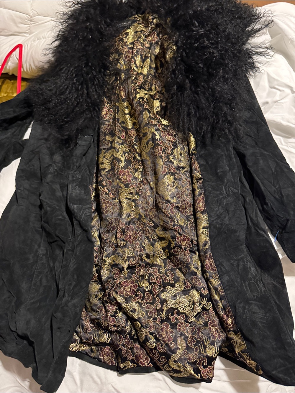 Betsey Johnson Black Jacket with Gold Brocade Lining and Black Faux Fur Collar